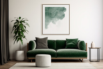 Modern living room with Scandinavian interior design: dark green sofa, grey pouf, white wall, and a large art poster frame.