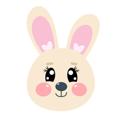 Cute kawaii cartoon smiling little bunny, rabbit or hare face, head