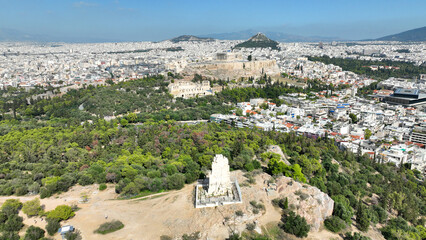 Aerial drone photo of magnificent monument on top of Filopapos hill or Filopappou with views to...