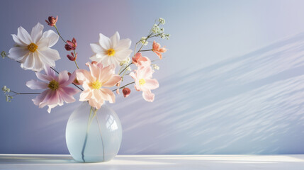 A bouquet of delicate pink and white flowers in a pristine white vase