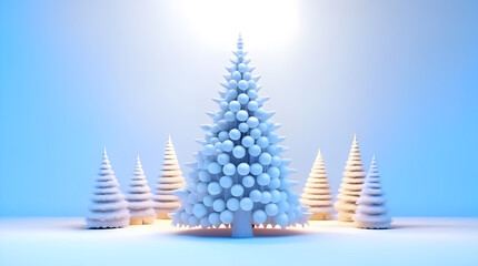 3d Christmas design. New Year's composition with a Christmas tree, balls, snow and garlands. Winter poster with empty space for text. Ai.