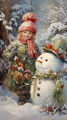 A painting of a child and a snowman in the snow