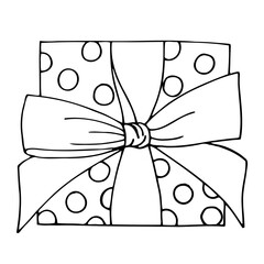 Christmas gift box doodle. Hand drawn gift with ribbon illustration. Vector illustration.