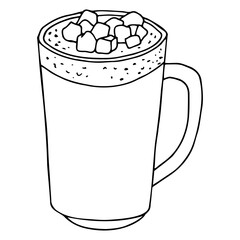 Hot chocolate with marmashlow in a hand drawn mug. Vector sketch for print, web, mobile and infographics.