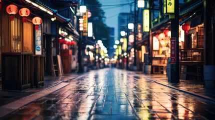 A peaceful and lovely evening setting in Japan following rain in the rural or small-town landscape, adorned with the gentle glow of lights and reflections on the streets - obrazy, fototapety, plakaty