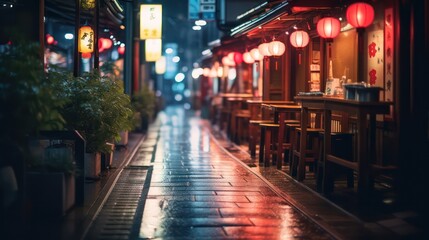 A peaceful and lovely evening setting in Japan following rain in the rural or small-town landscape, adorned with the gentle glow of lights and reflections on the streets
