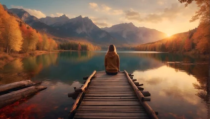 Fotobehang a woman sits on a pier on a mountain lake © Amir Bajric