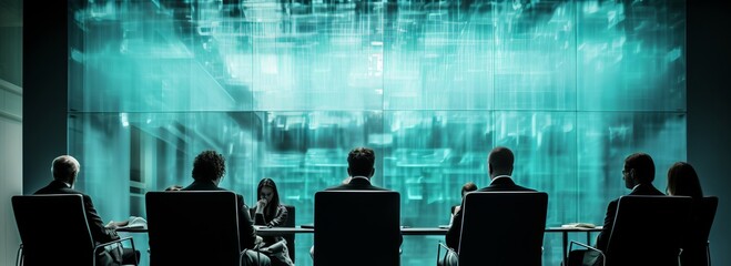a business meeting room with silhouette of  people in chairs 