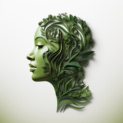 beautiful  woman with green leaves on her face 3d 