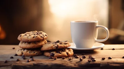 Fototapeten Cookie and Coffee: Pair the chocolate chip cookies with a cup of coffee or hot chocolate on the vintage wooden table. © shahrukh