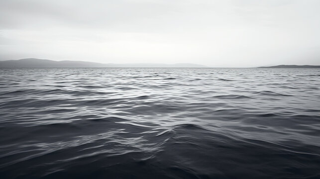 A monochrome image of a serene aquatic landscape