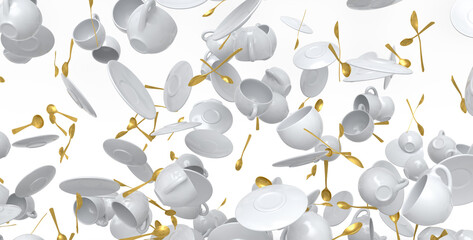 Many of flying ceramic coffee cups for espresso, teaspoons and plates on white