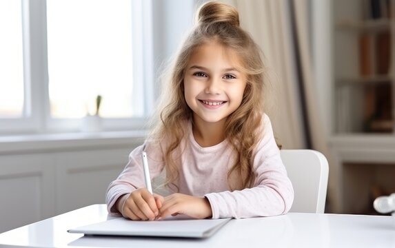 A smiling child girl is writing or drawing on a tablet