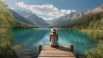 a woman sits on a pier on a mountain lake