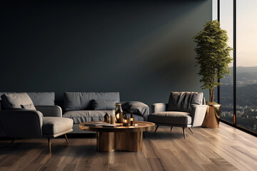 Living room with panoramic window. Home interior background, Empty dark wall mock up