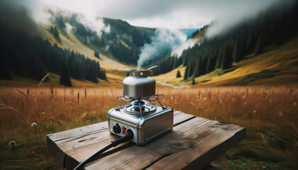 Image d'un réchaud portable compact avec une cartouche de gaz attachée, en train de chauffer de l'eau dans une bouilloire, sur une surface en bois au milieu d'une clairière en montagne.