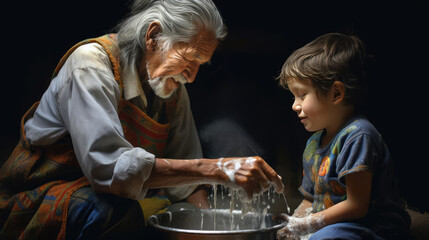 Grandchild and grandparent washing dishes - obrazy, fototapety, plakaty