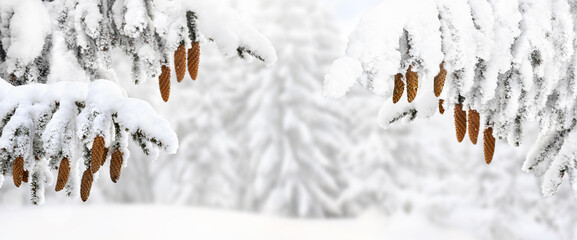 Branches with cones of christmas tree ( spruce ) covered of snow in winter on blur white snow forest background with space for text - obrazy, fototapety, plakaty