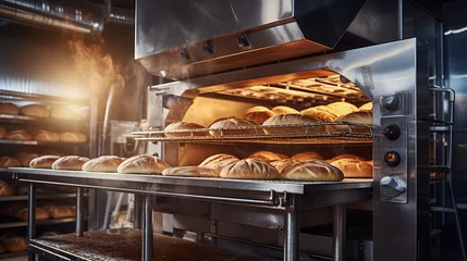 Photo sur Aluminium Pain Baking tray with freshly baked rolls in an industrial oven