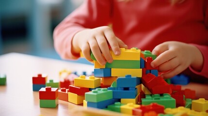 Fototapeta premium a young child's hands playing with of colorful building blocks