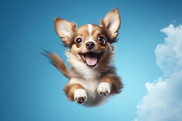 chucky dog jumping up on a blue background - obrazy, fototapety, plakaty