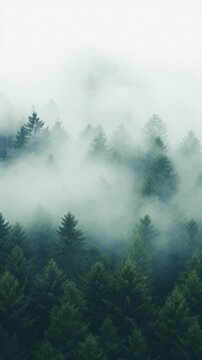 A top view of a forest with a white fog rolling over the treetops. © olegganko
