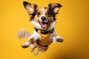 chucky dog jumping up on a yellow background - obrazy, fototapety, plakaty