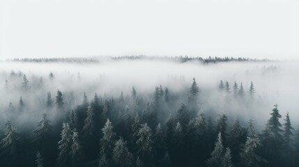A top view of a forest with a white fog rolling over the treetops. - Powered by Adobe