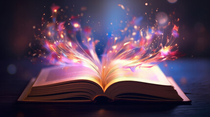 magic open book with glowing sparkling lights, pink