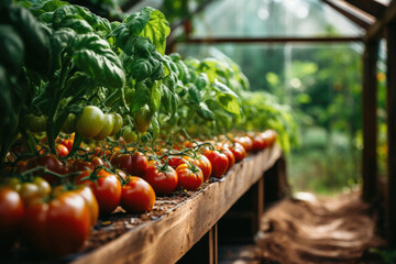 Tomato plantation in greenhouse. Growing organic vegetables - obrazy, fototapety, plakaty