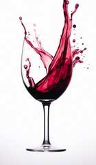 Red wine splashing into the glass on white background.