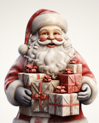 a 3d santa Claus with some gift boxs on transparent white background