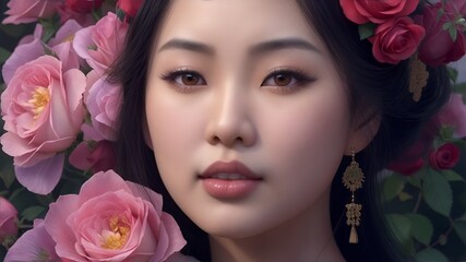 Obraz na płótnie Canvas asian woman with pink roses