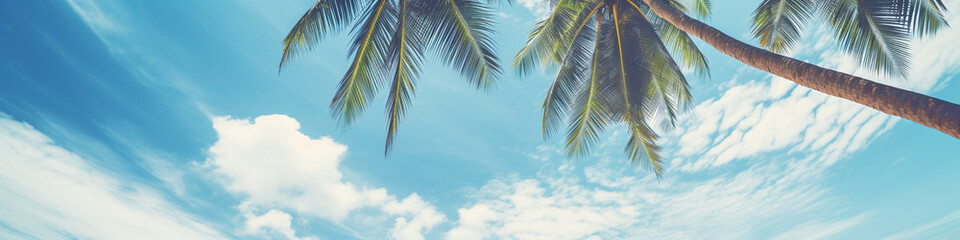 vacation banner with palm tree in the sky in retro style