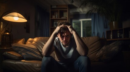 Fototapeta premium Frustrated boy on the couch covering his head