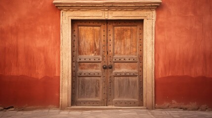 The dilapidated wall of the building and the wooden door require major repairs. Facade of a house with damaged plaster. Photophone for retro shooting. Illustration for cover, card, interior design.