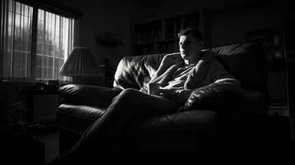 Sad man in his living room with a coffee. Black and white image