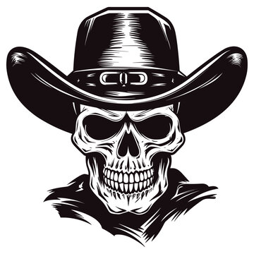 Ai Generated skull-faced cowboy, solid black vector, isolated on white background