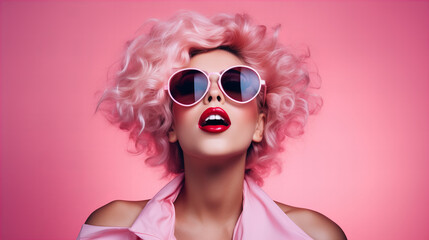 A woman wearing pink sunglasses and smiling  with a vibrant pink hairpiece and bold lipstick strikes a pose in her statement sunglasses, exuding confidence and embracing her unique sense of style - obrazy, fototapety, plakaty
