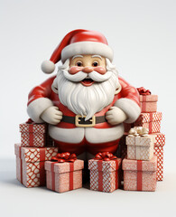 a 3d santa Claus with some gift boxs on transparent white background