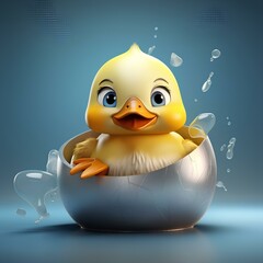 a duck is sitting inside of a silver egg