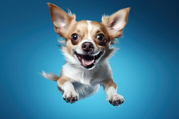 Fototapeta na wymiar chucky dog jumping up on a blue background