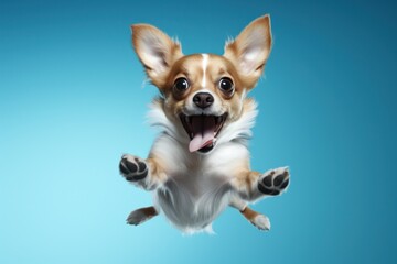 chucky dog jumping up on a blue background