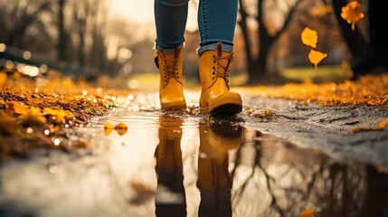 legs in rubber boots stepping into a puddle