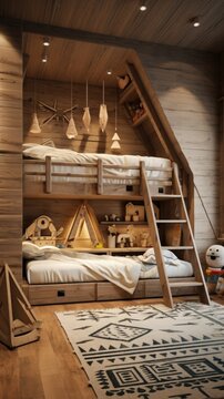 A bedroom with a bunk bed and a rug