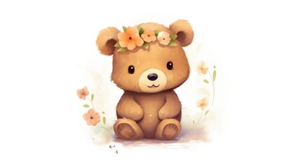 A painting of a bear with flowers on its head
