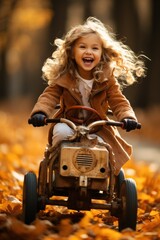 a little girl is playing with leaves while riding on the car