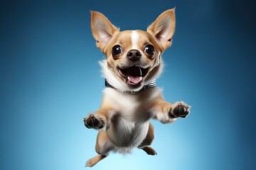 chucky dog jumping up on a blue background - obrazy, fototapety, plakaty