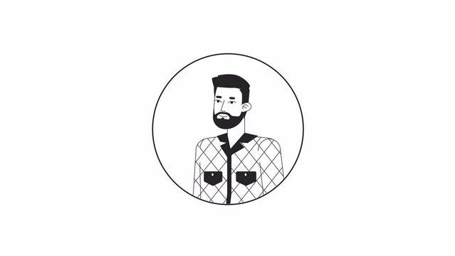 Bearded caucasian man standing bw outline 2D avatar animation. Adult european guy relaxed posing monochrome linear cartoon 4K video, alpha channel. Office worker casual animated portrait isolated