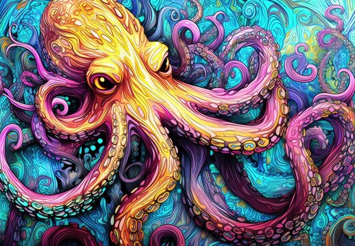 Close-up of a colorful octopus with many tentacles. Surreal monster with dripping drops of paint. Illustration can be printed on t-shirt, bag, postcard, case, pillow and other products.